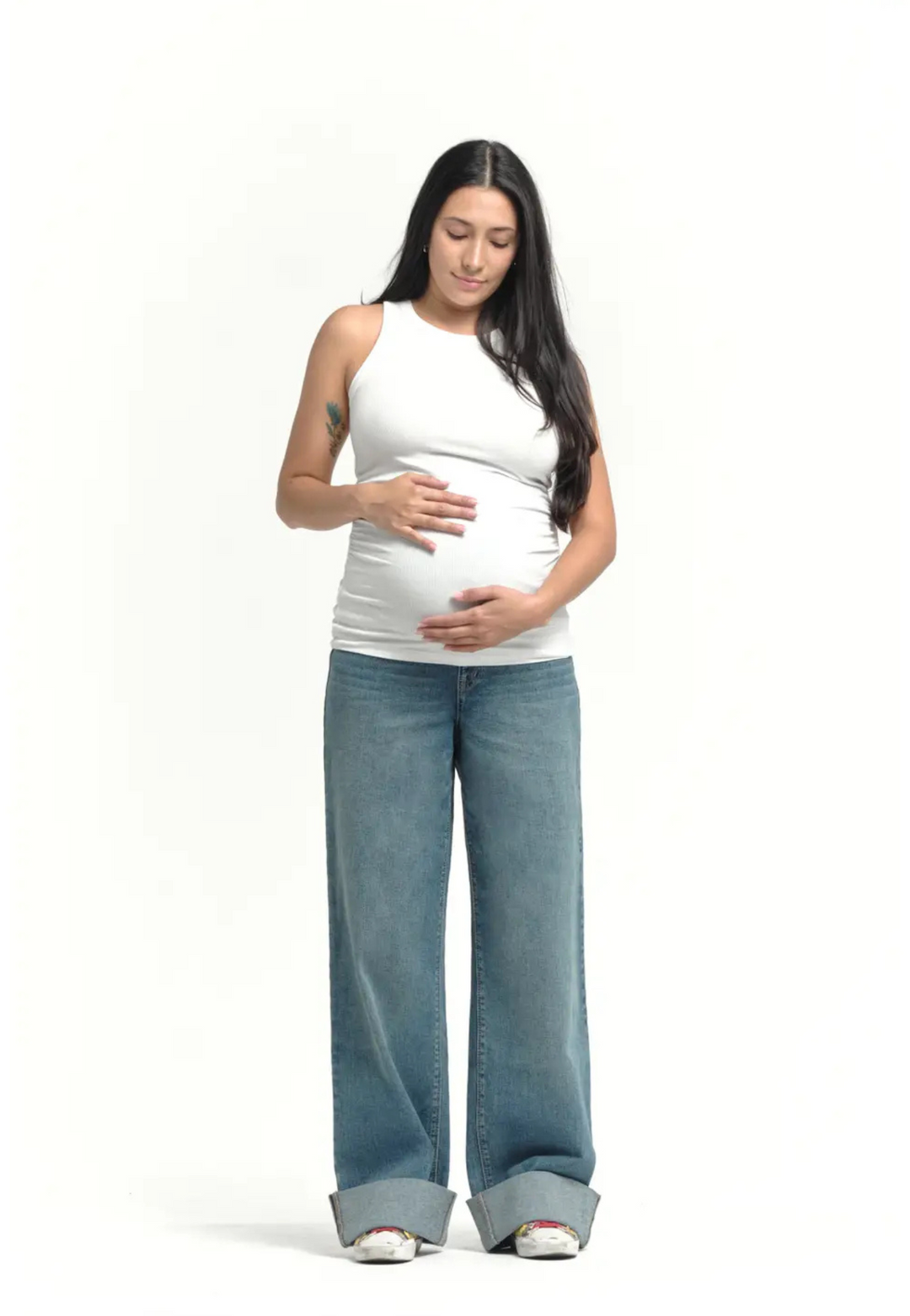 Maternity Roll Cuff Wide Leg Jean w/ Bellyband in Willa