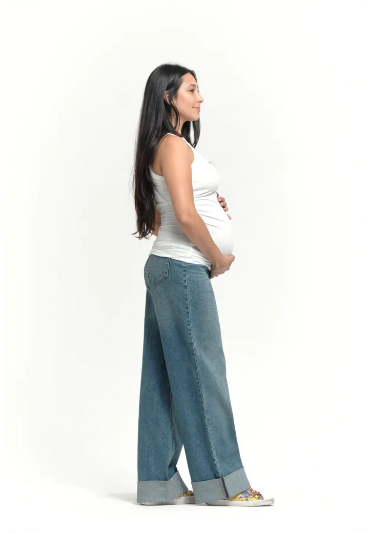 Maternity Roll Cuff Wide Leg Jean w/ Bellyband in Willa