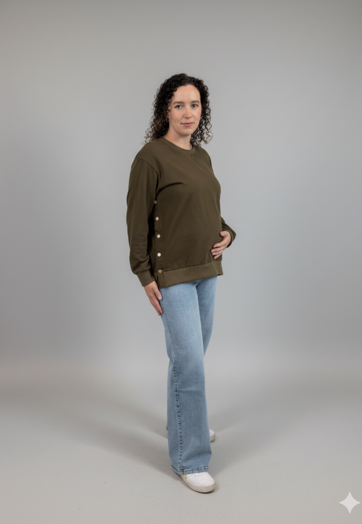 Sienna Maternity and Nursing Crewneck Sweatshirt -Adjustable Side Buttons