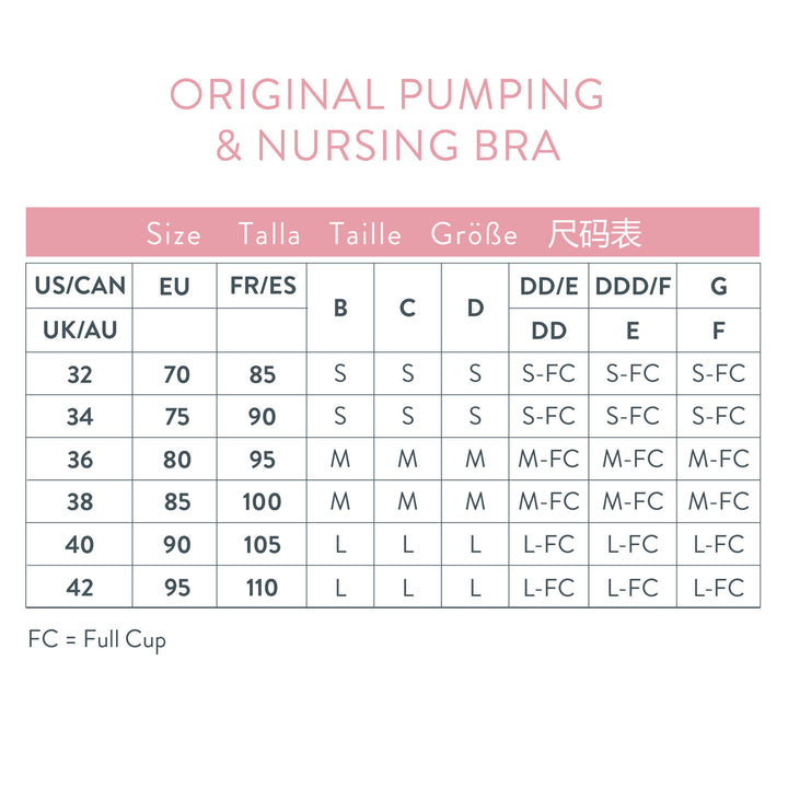 Nursing and Pumping Bra Size Chart. Breastfeeding support. Breastfeeding and Pumping bras. Nursing bra size chart.