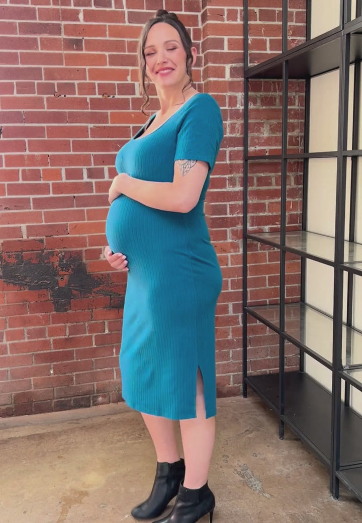 Maternity stores near me. Maternity dress clothes. Cute maternity outfits. Teal maternity ribbed dress.