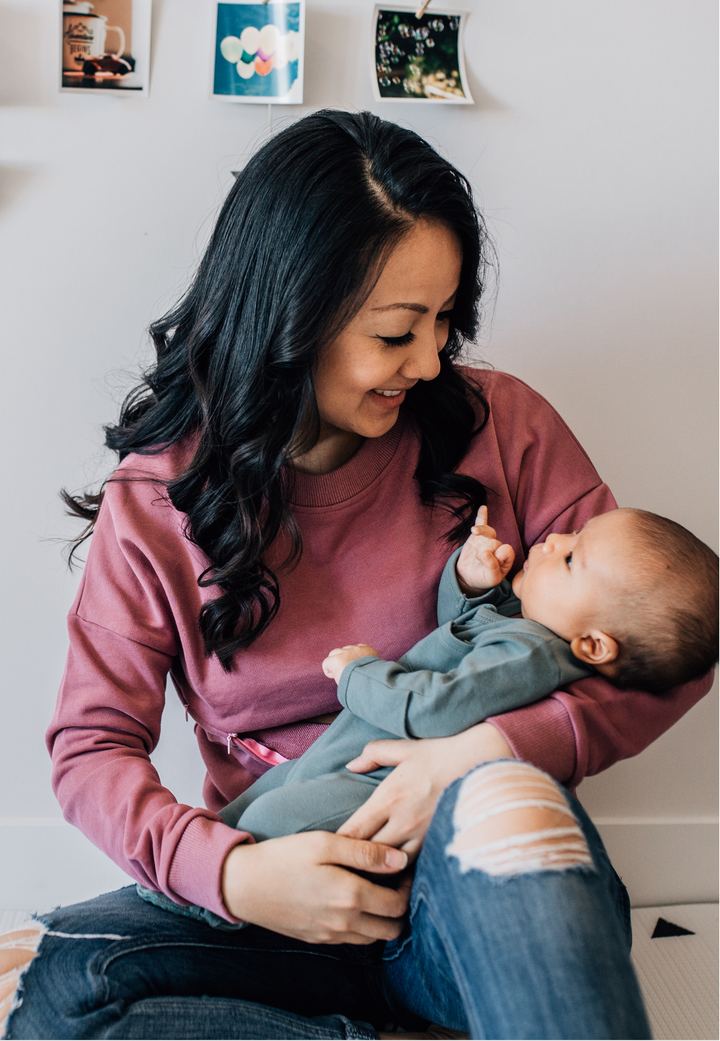 We have created this adorable pullover sweatshirt that's comfortable, maternity friendly, has easy nursing access from both sides. Maternity clothing Canada. Nursing clothing Canada. Ella Bella Basics Canada.