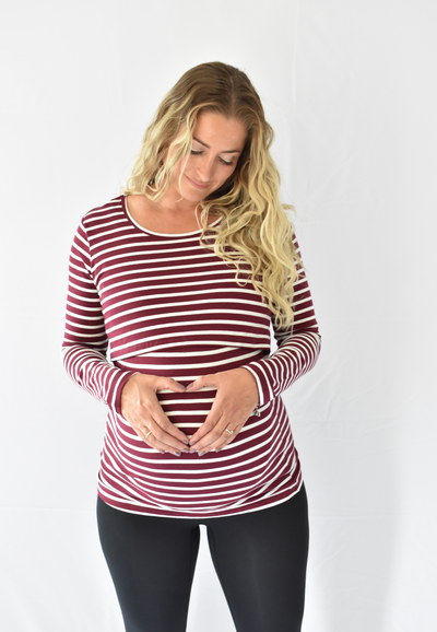 Just in time for Fall! This classic black and white stripe nursing long sleeve is the perfect addition to any autumn/winter wardrobe. The soft, stretchy fabric makes it a great layering piece also. Nursing clothing Canada. Nursing clothes Calgary. Free shipping. Ella Bella Basics Canada.